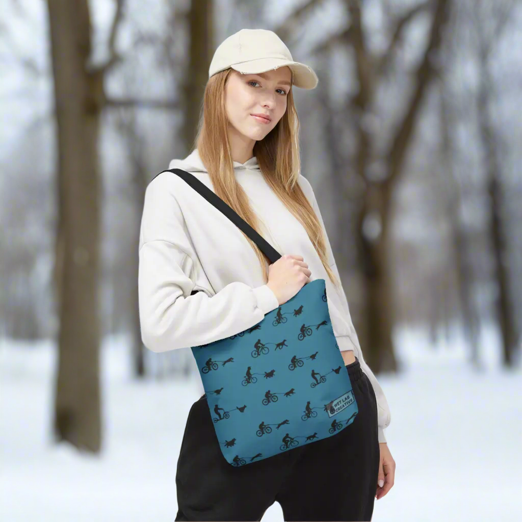 Dryland Mushing Bikejoring Scooterjoring Dog Pattern Tote Bag in Pink Dusky Blue and Grey