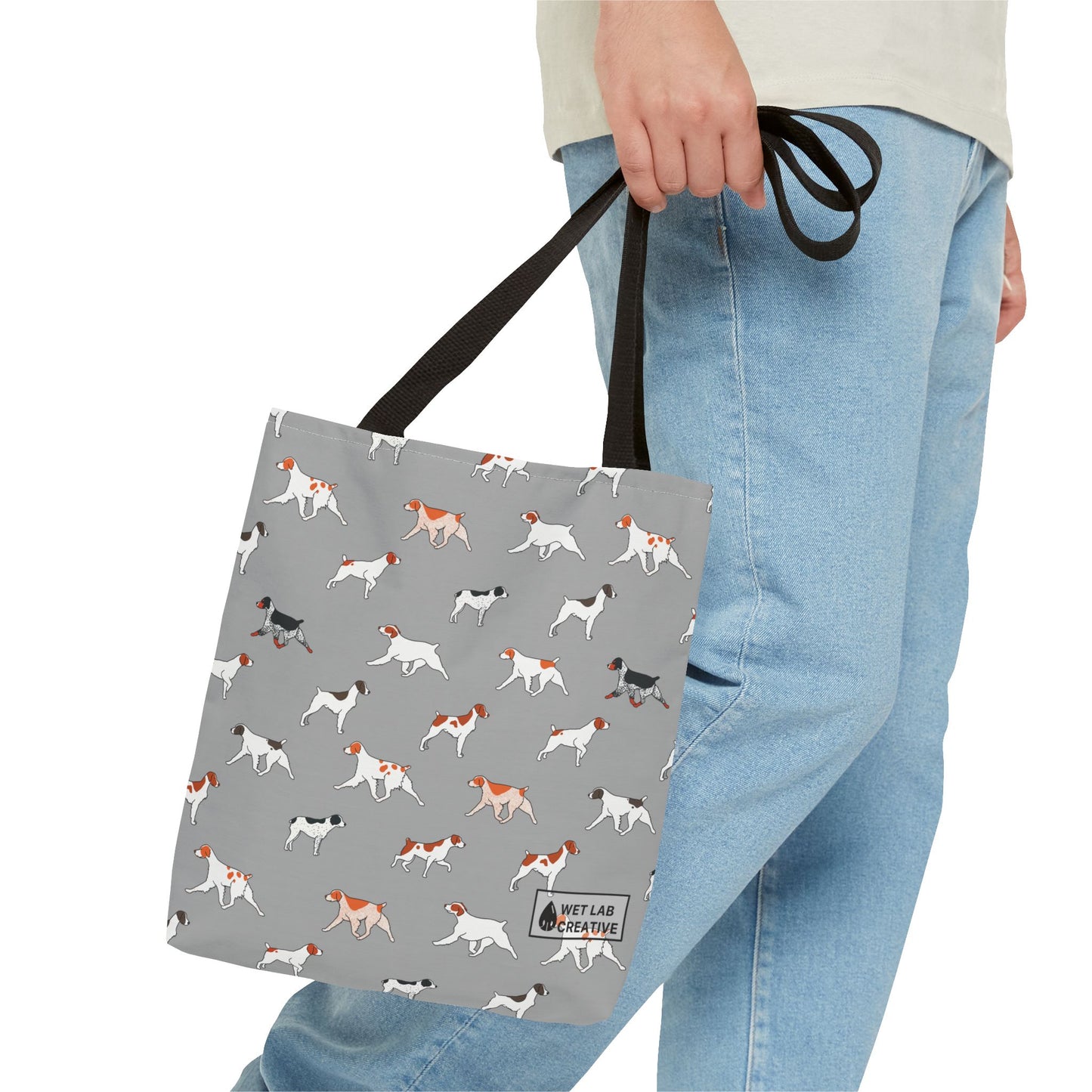 Brittany Breed Dog Pattern Tote Bag in Navy Teal Pink and Gray