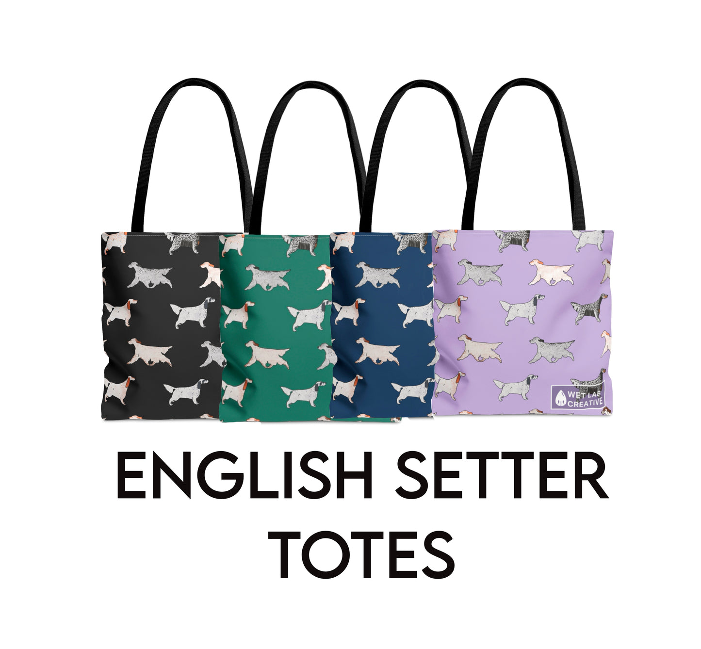 English Setter Dog Breed Tote in Black, Navy, Teal, Lavender