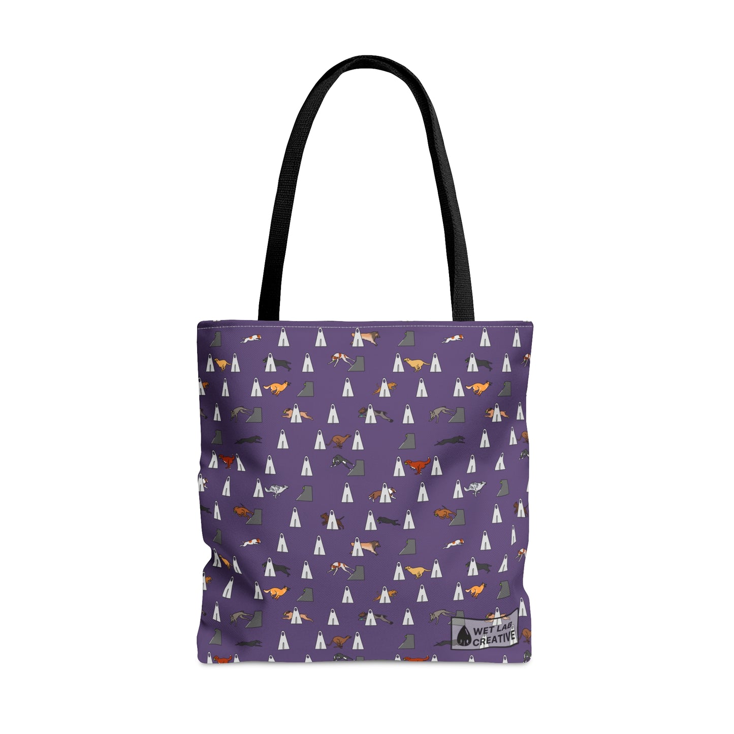 Flyball Dog Pattern Tote Bag in Purple Teal Gray and Dusky Blue