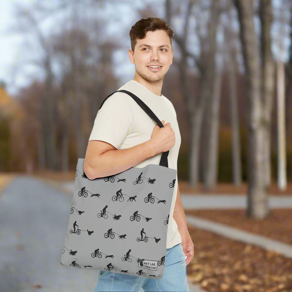 Dryland Mushing Bikejoring Scooterjoring Dog Pattern Tote Bag in Pink Dusky Blue and Grey