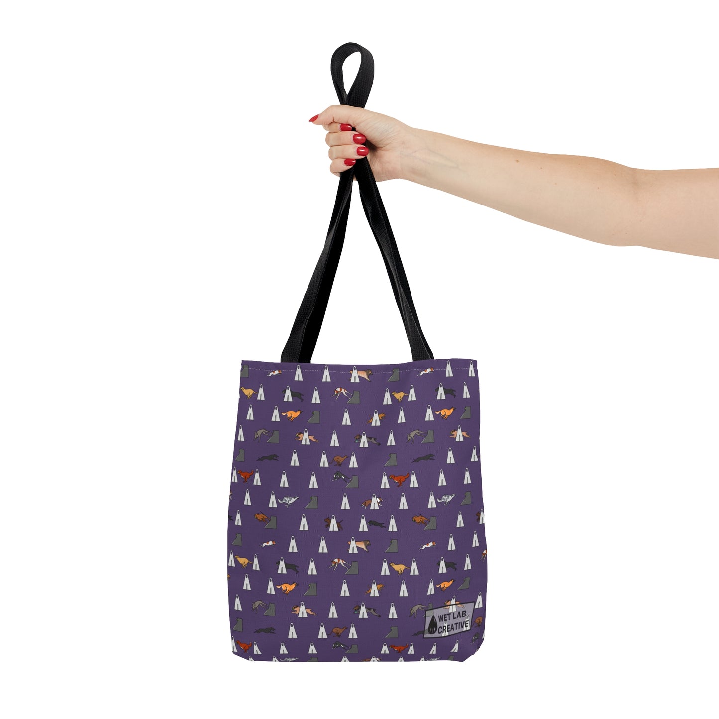 Flyball Dog Pattern Tote Bag in Purple Teal Gray and Dusky Blue