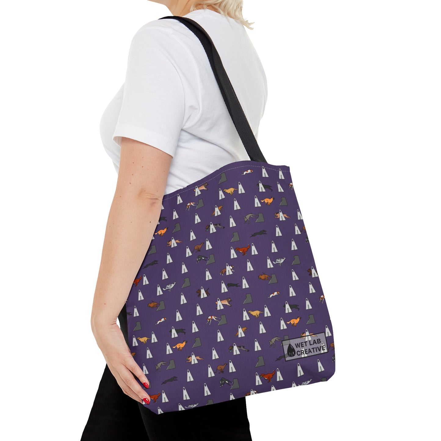 Flyball Dog Pattern Tote Bag in Purple Teal Gray and Dusky Blue