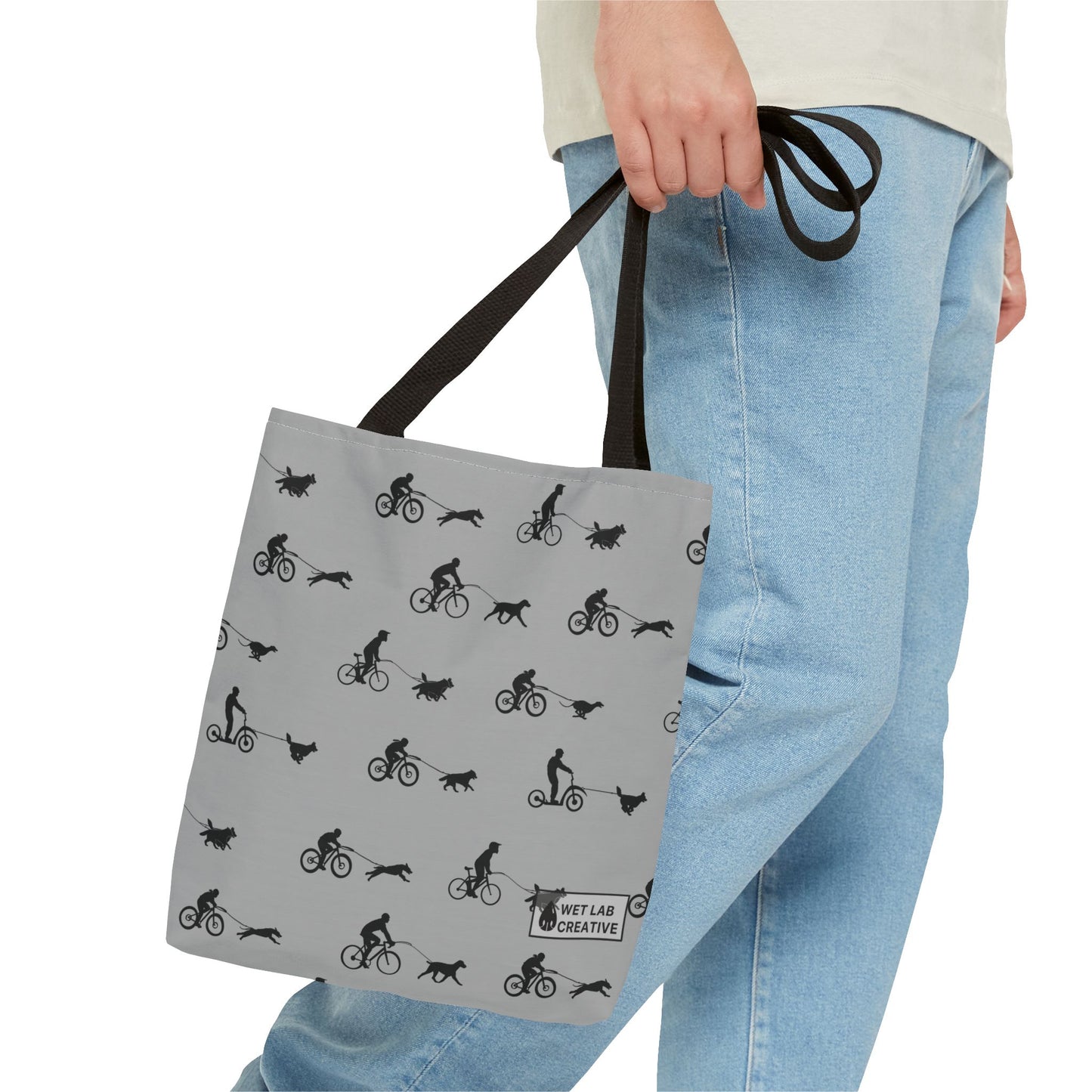 Dryland Mushing Bikejoring Scooterjoring Dog Pattern Tote Bag in Pink Dusky Blue and Grey