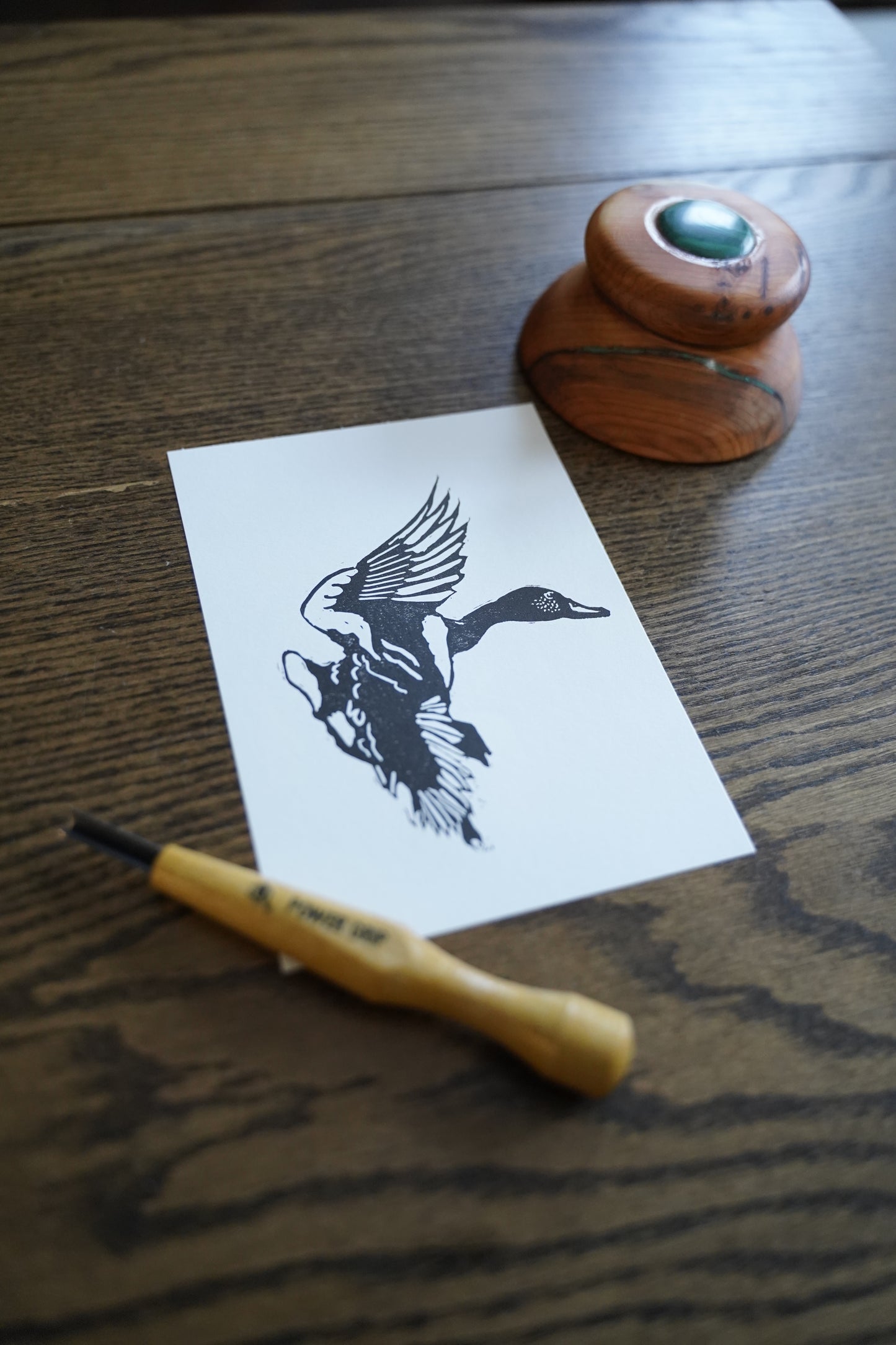 Duck in flight - linocut print