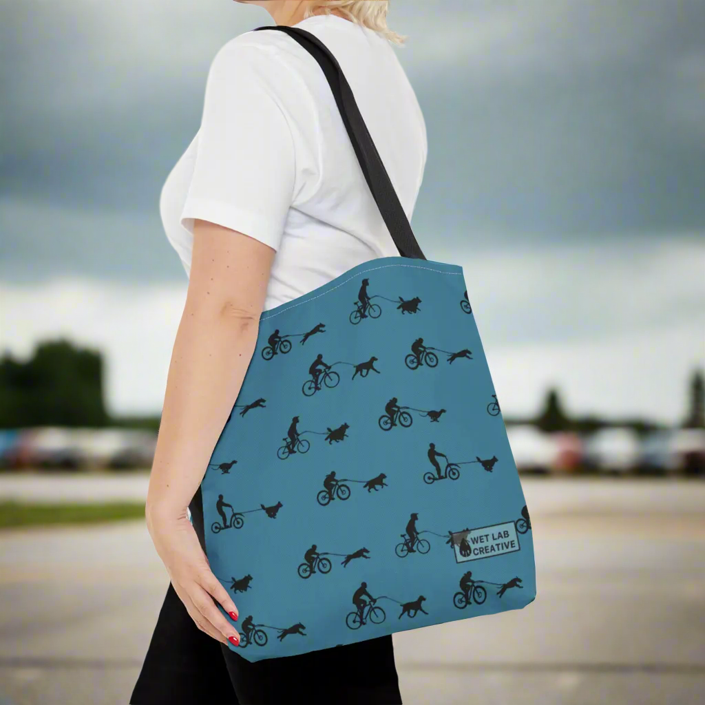 Dryland Mushing Bikejoring Scooterjoring Dog Pattern Tote Bag in Pink Dusky Blue and Grey