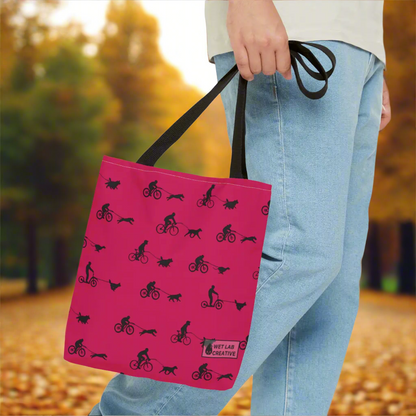 Dryland Mushing Bikejoring Scooterjoring Dog Pattern Tote Bag in Pink Dusky Blue and Grey