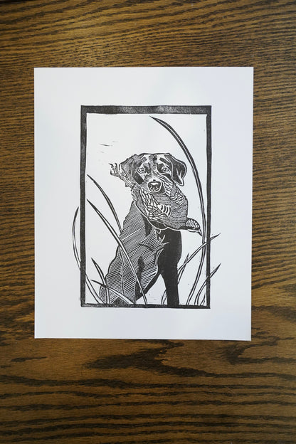 Labrador Holding Chukkar - Linocut Print