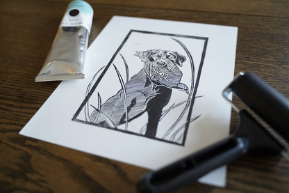 Labrador Holding Chukkar - Linocut Print