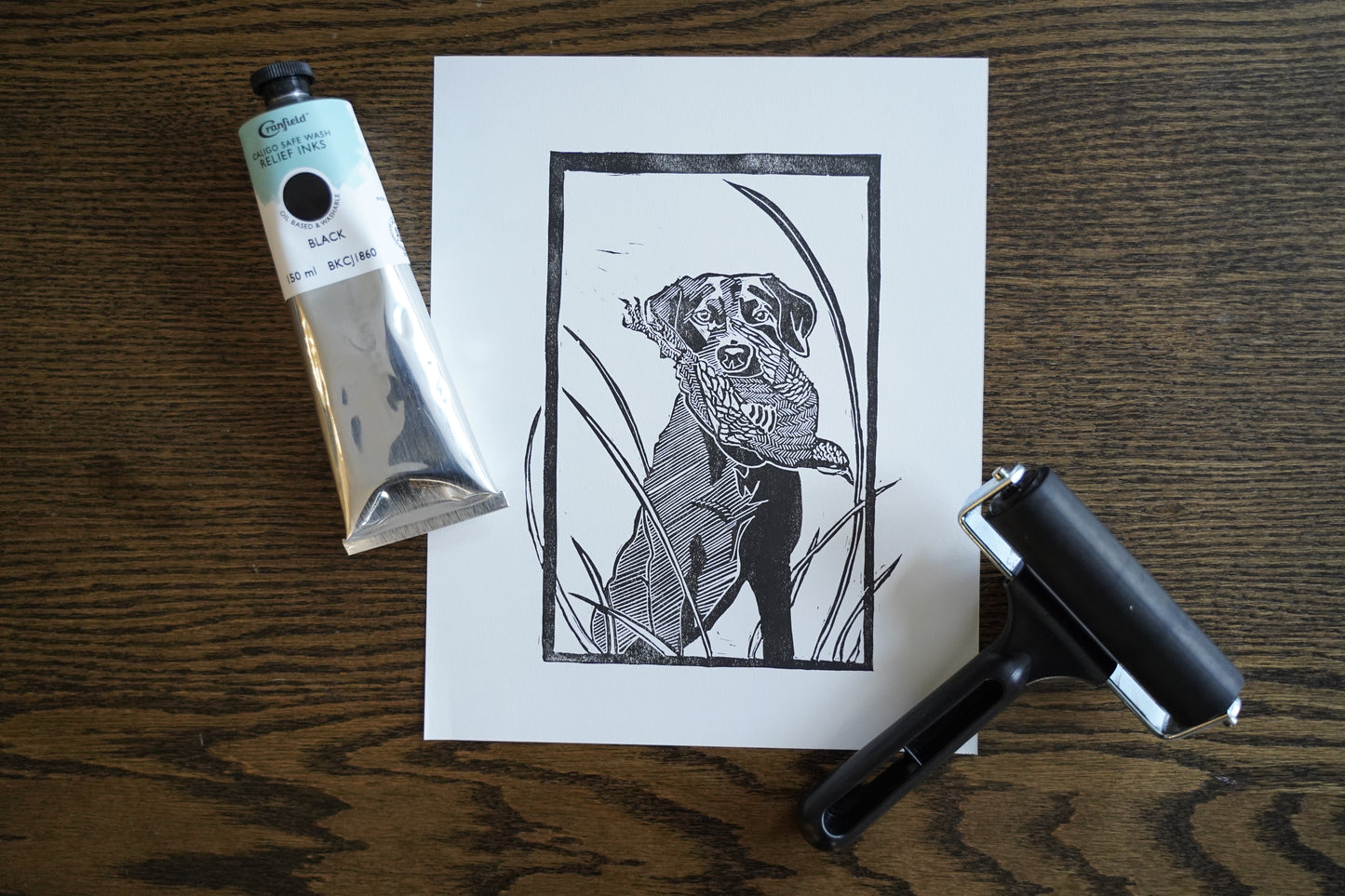 Labrador Holding Chukkar - Linocut Print