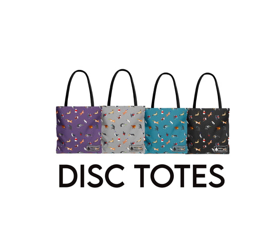 Frisbee Disc Dog Pattern Tote Bag in Black Gray Purple and Dusky Blue