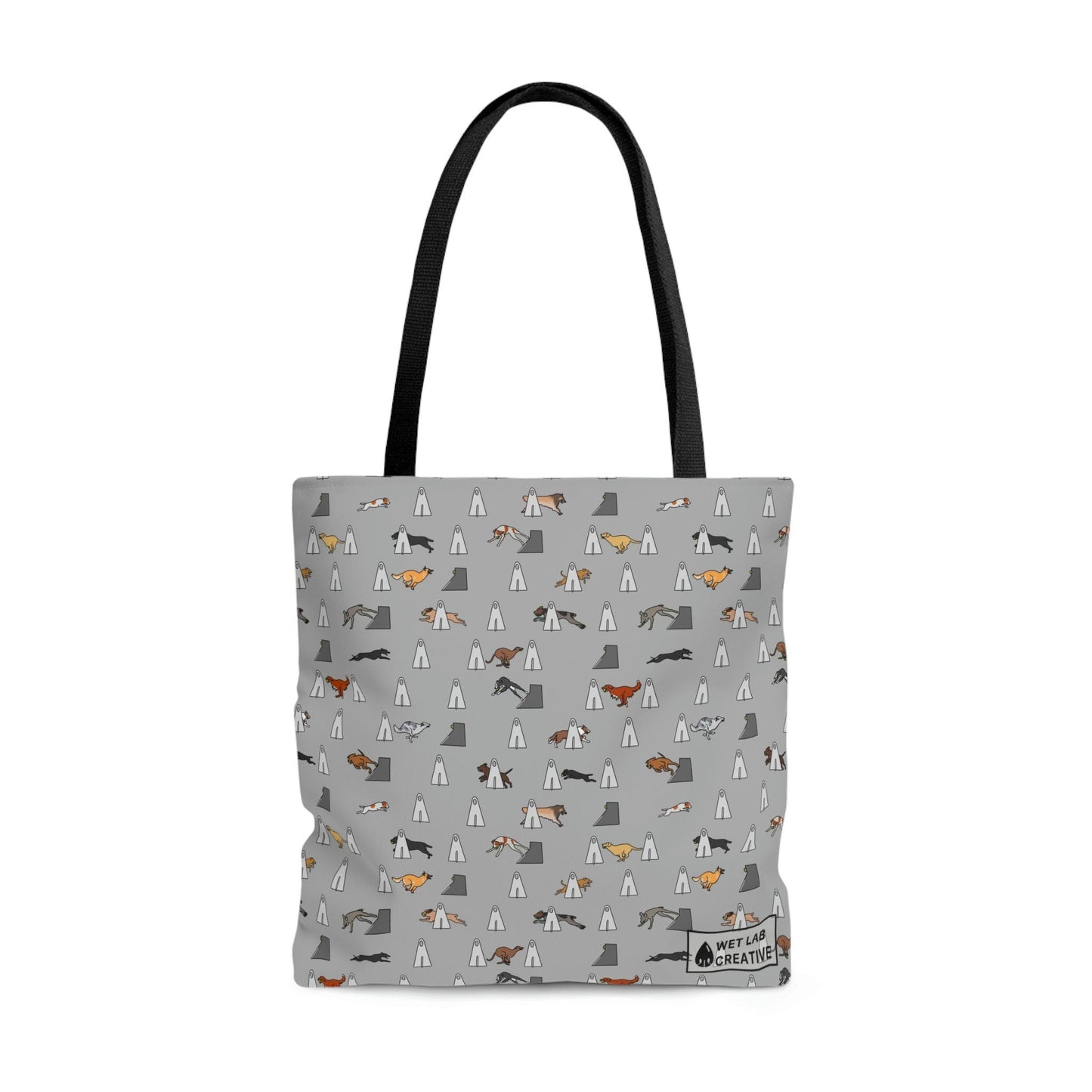 Flyball Dog Pattern Tote Bag in Purple Teal Gray and Dusky Blue