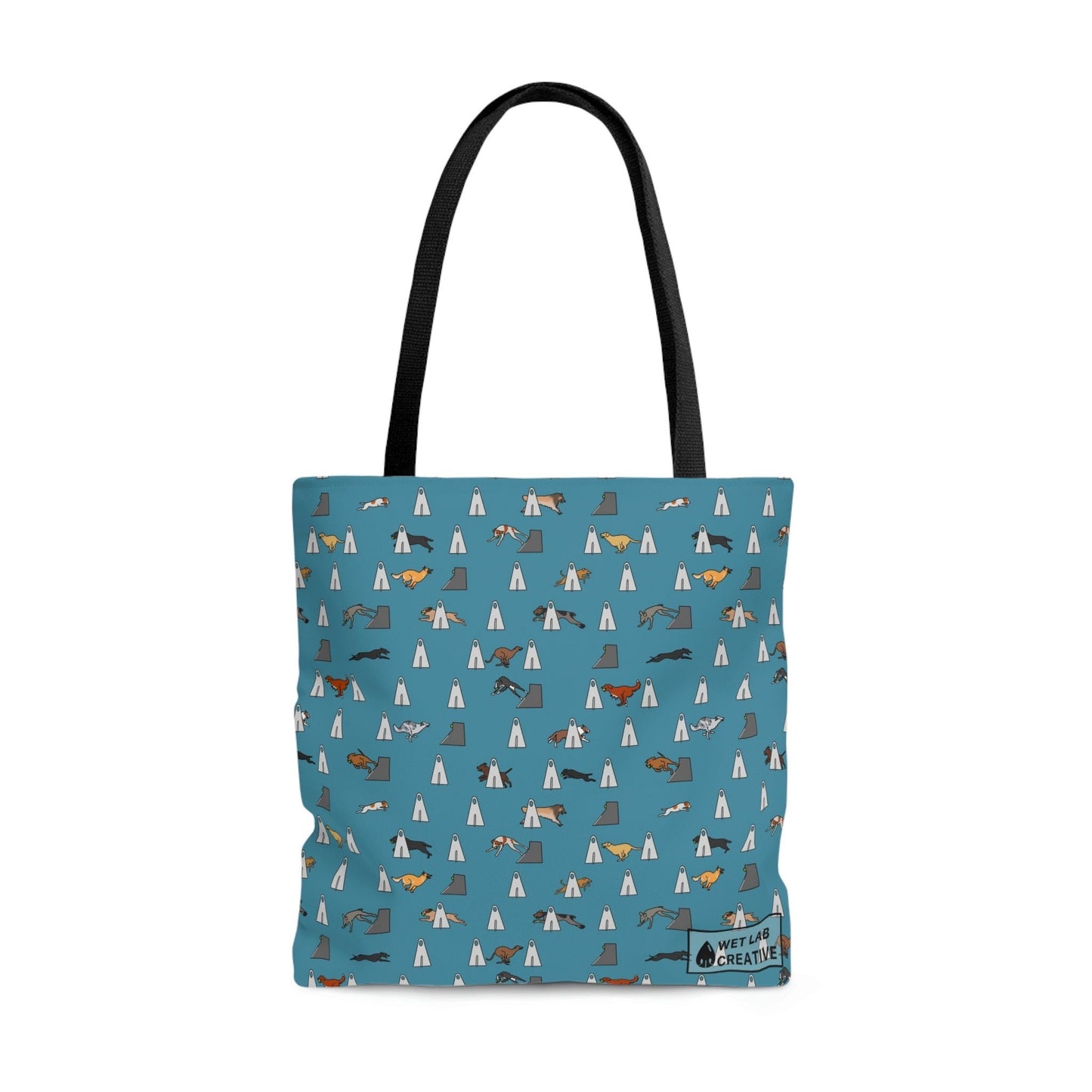 Flyball Dog Pattern Tote Bag in Purple Teal Gray and Dusky Blue