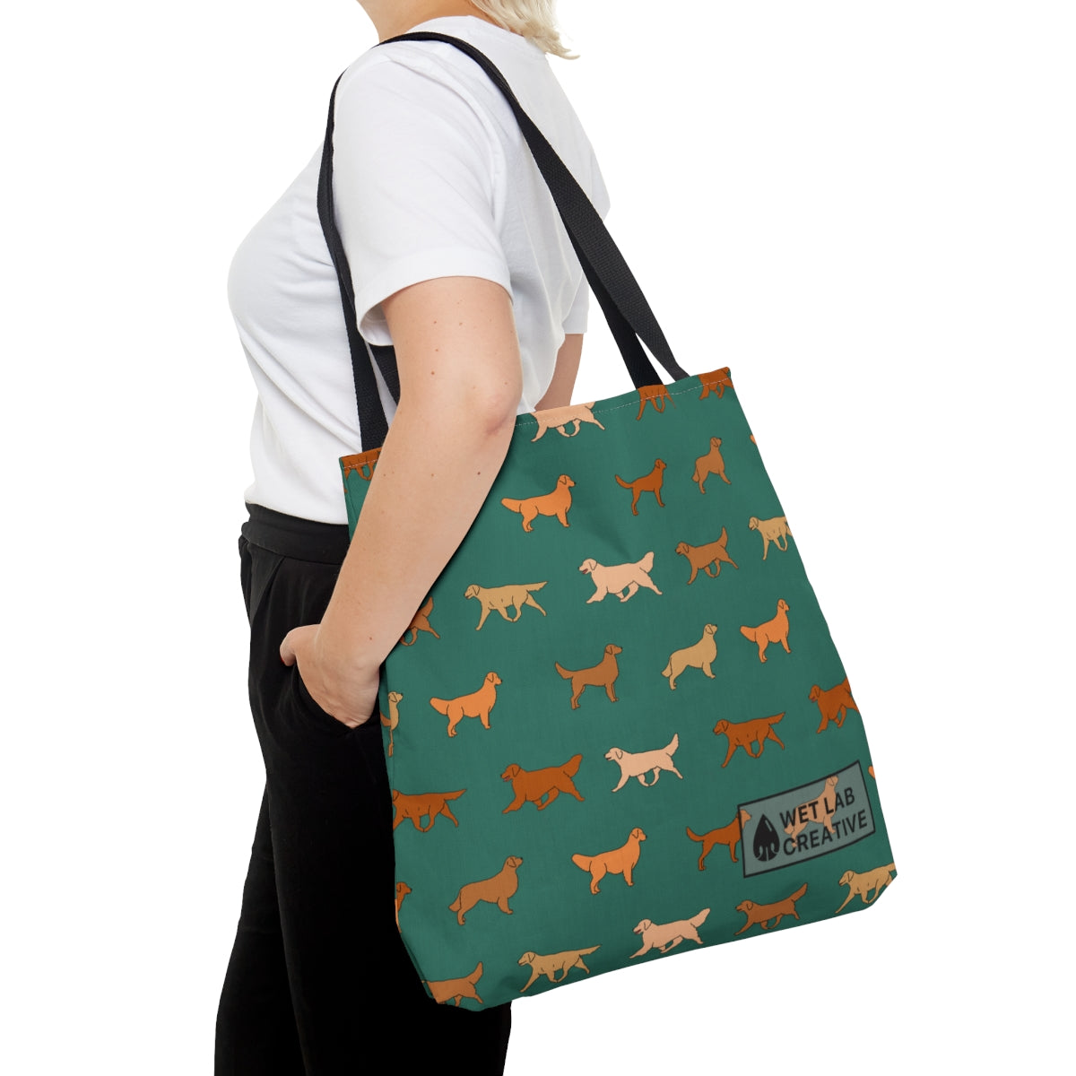 Golden Retriever Breed Dog Pattern Tote Bag in Purple Teal Navy and White