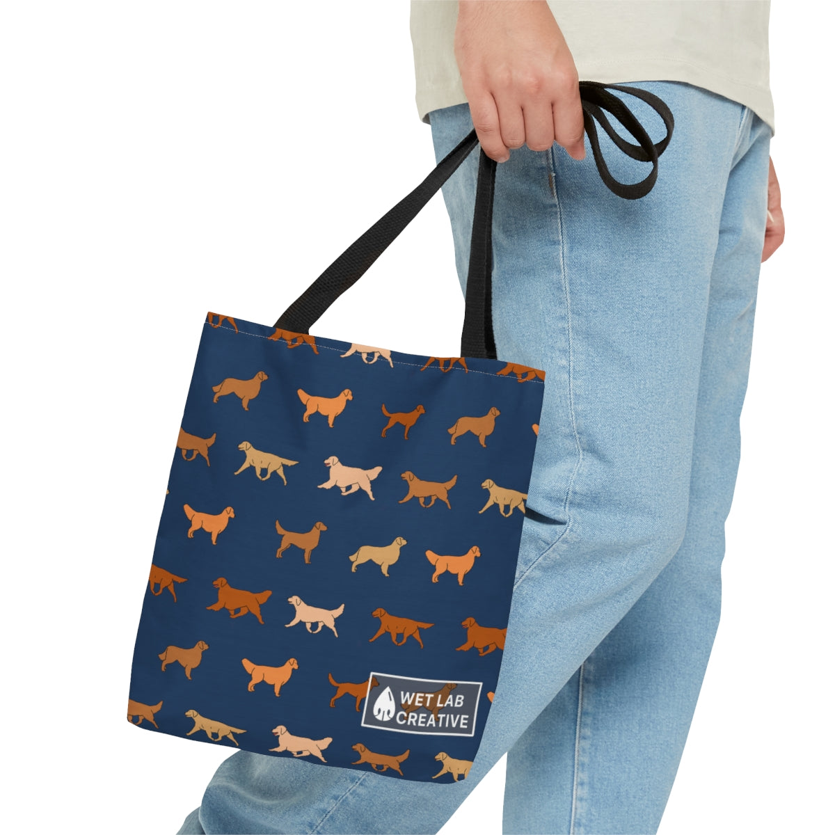 Golden Retriever Breed Dog Pattern Tote Bag in Purple Teal Navy and White