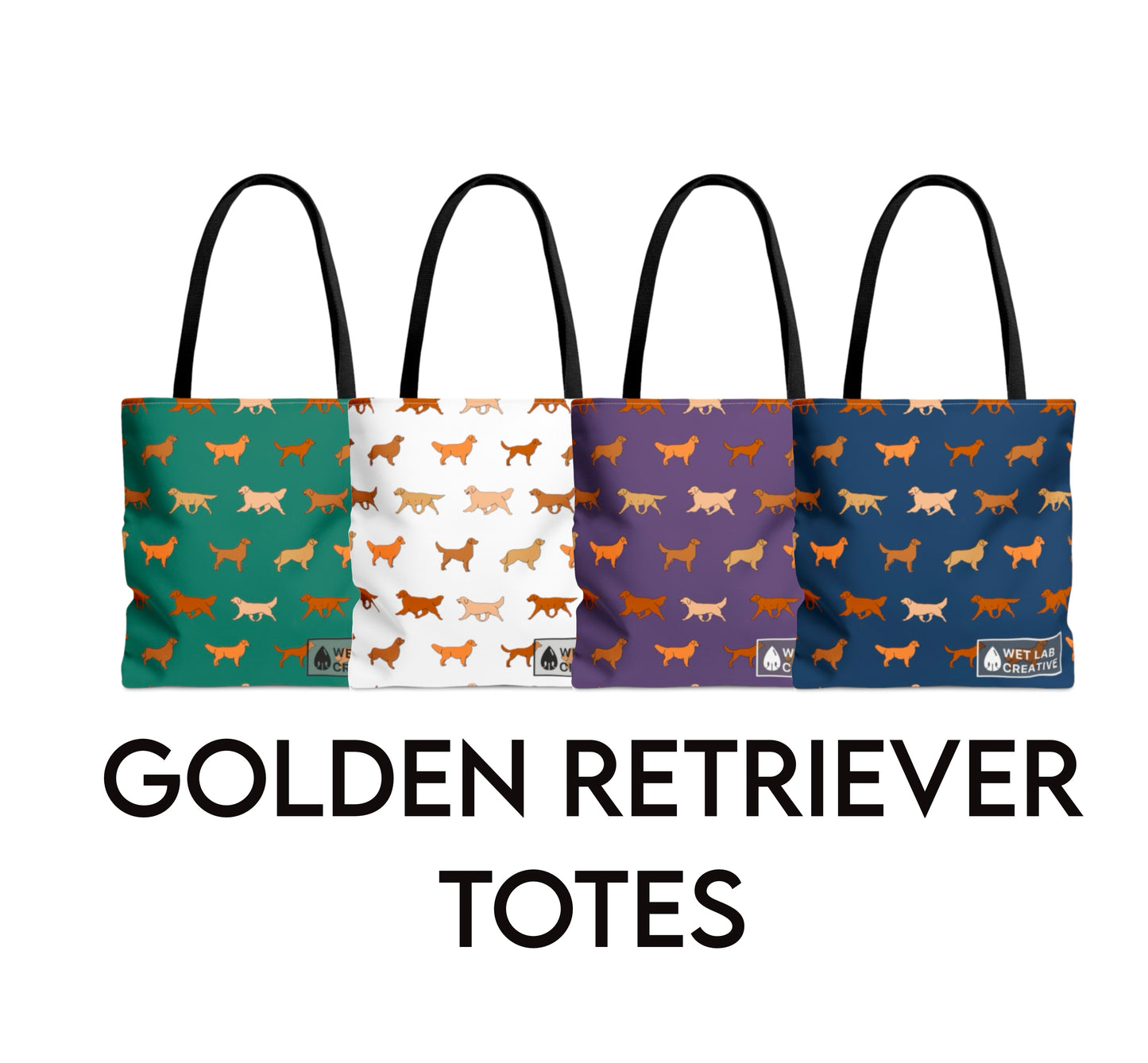 Golden Retriever Breed Dog Pattern Tote Bag in Purple Teal Navy and White