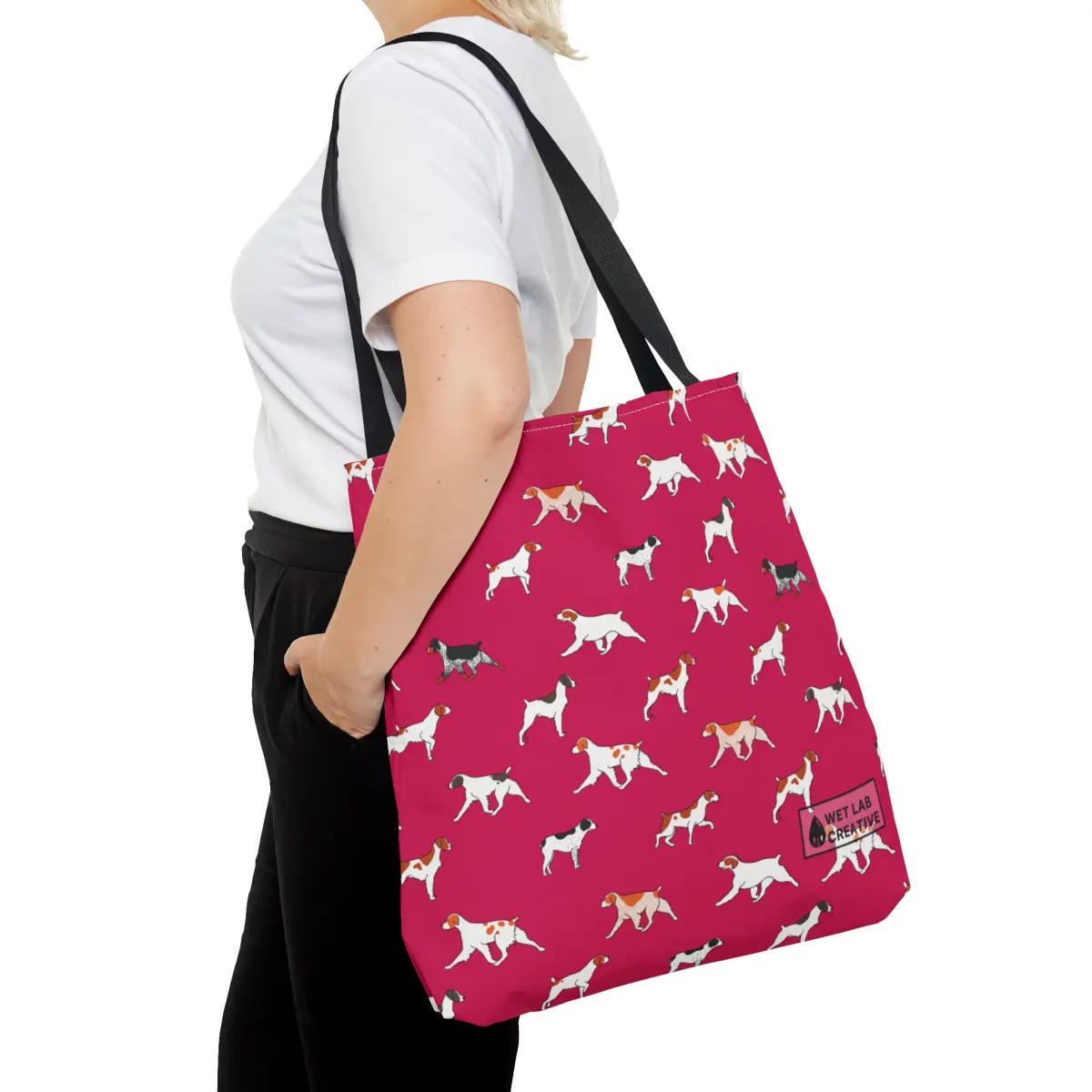 Brittany Breed Dog Pattern Tote Bag in Navy Teal Pink and Gray