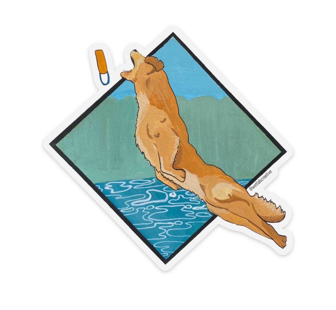 Golden Retriever Dock Diving Retrieving Diamond 4" Die Cut Vinyl Sticker Decal: Durable Matte-Finish