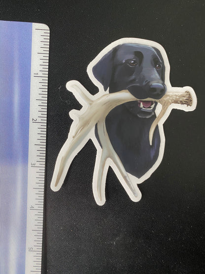 Black Labrador Antler Shed Hunting Lab Retrieving 3" Die Cut Vinyl Sticker Decal: Durable Matte-Finish Active