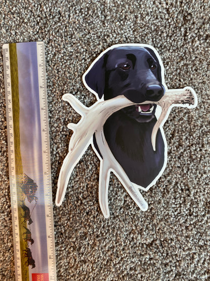Black Labrador Antler Shed Hunting Lab Retrieving 8" Extra Large Die Cut Vinyl Decal Bumper Sticker: Durable Matte-Finish Active Active